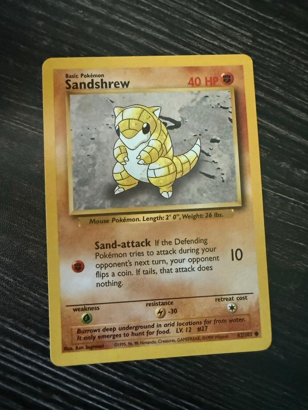 Vintage 1999 Pokemon Card Sandshrew 62/102 Base Set Unlimited